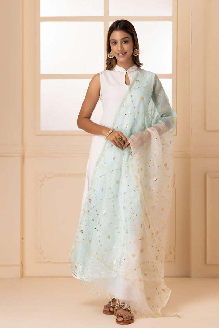 White and Light Blue Handcrafted Gota Patti Pure Kota Silk Dupatta - Geroo Jaipur