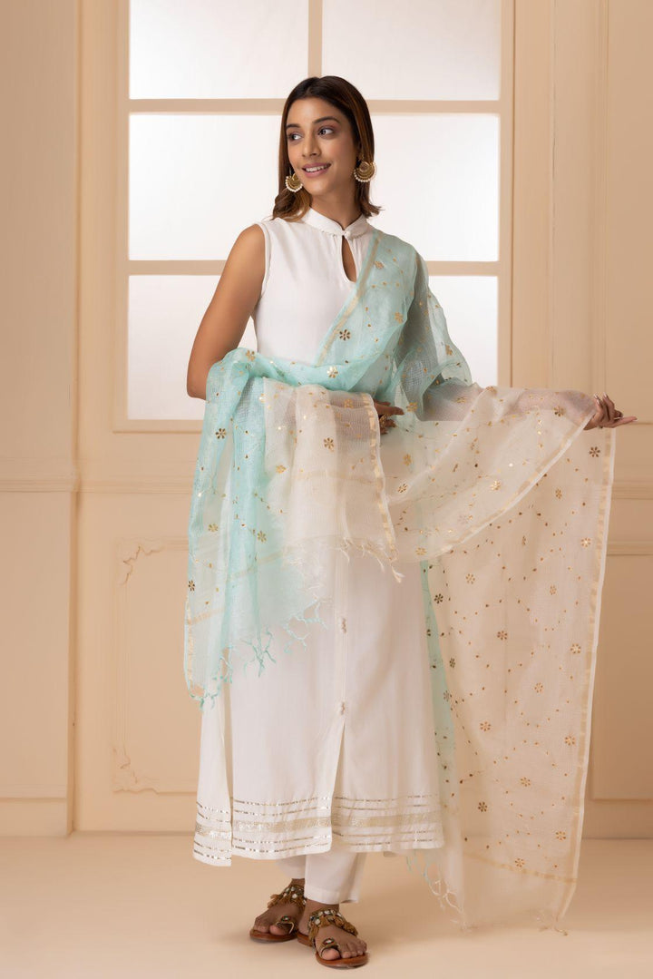 White and Light Blue Handcrafted Gota Patti Pure Kota Silk Dupatta - Geroo Jaipur