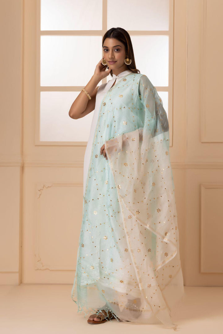 White and Light Blue Handcrafted Gota Patti Pure Kota Silk Dupatta - Geroo Jaipur