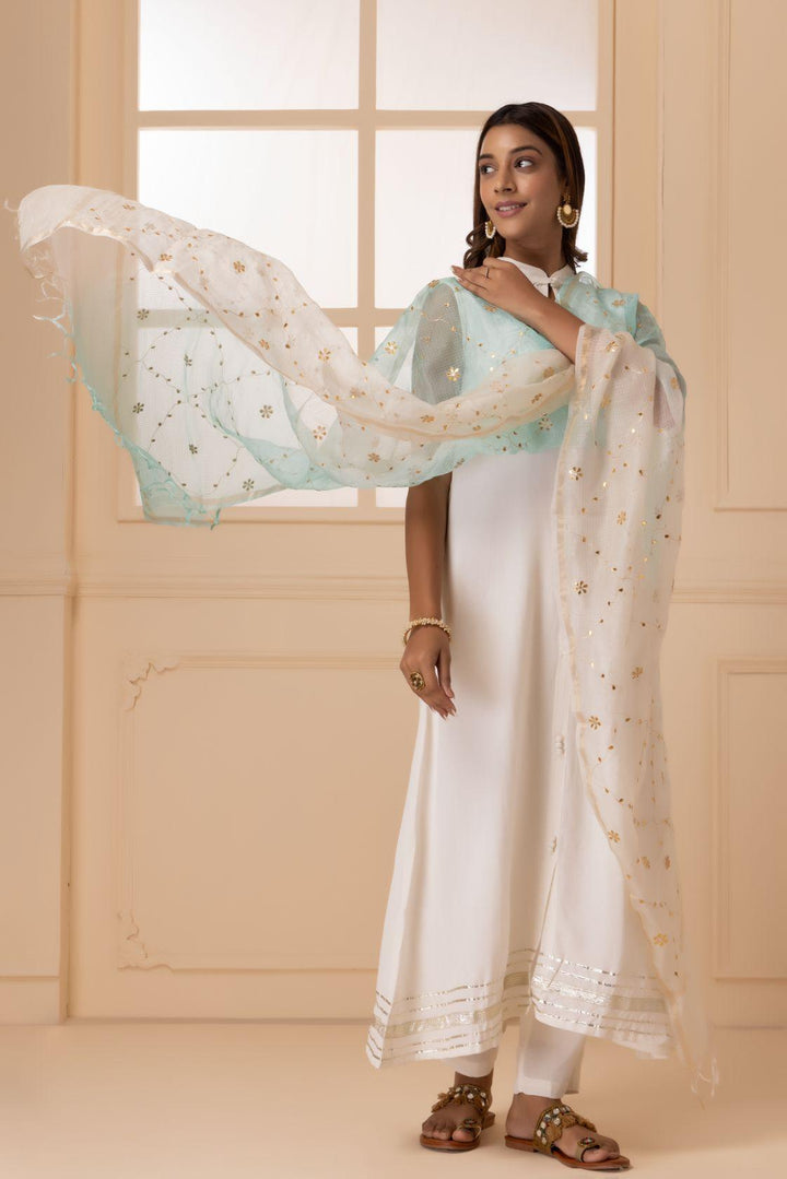 White and Light Blue Handcrafted Gota Patti Pure Kota Silk Dupatta - Geroo Jaipur