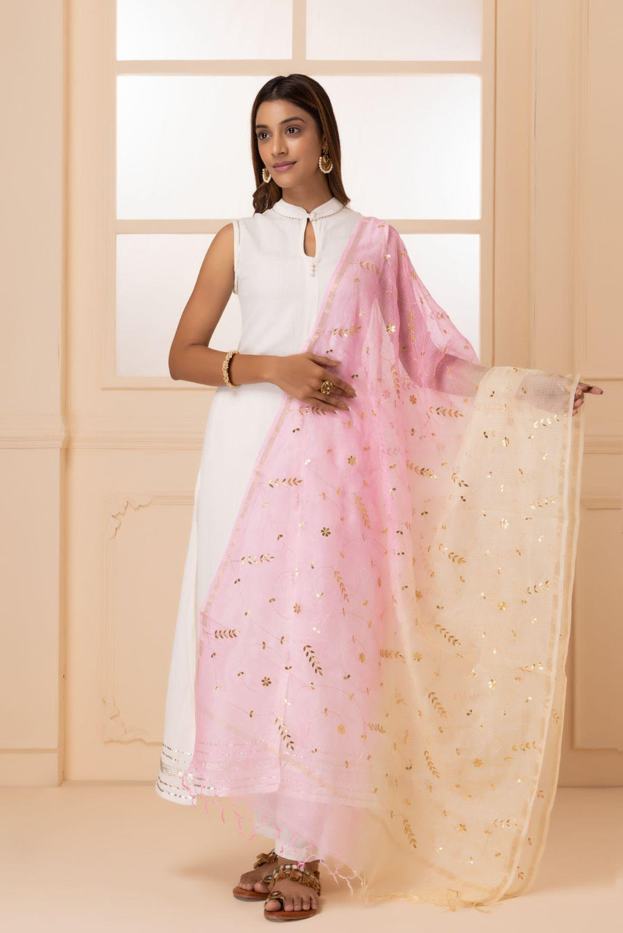 White & Light Pink Handcrafted Gota Patti Pure Kota Silk Dupatta