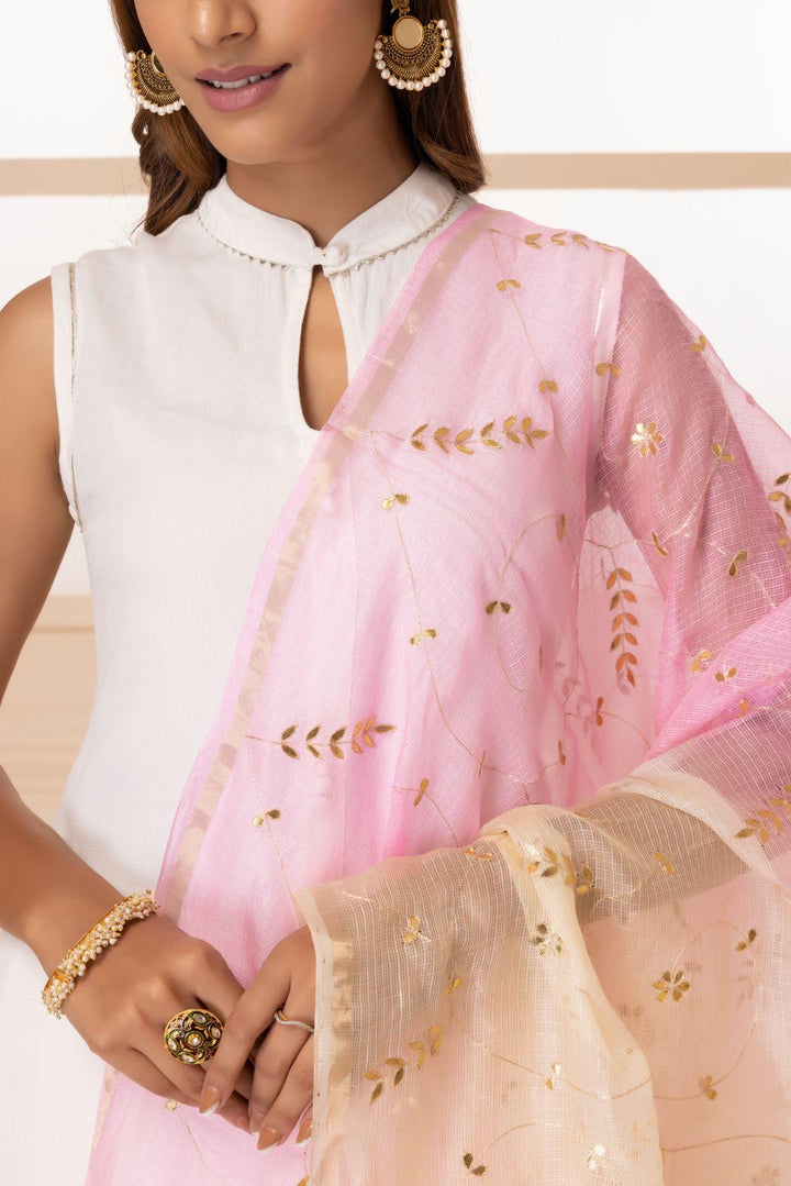 White and Light Pink Handcrafted Gota Patti Pure Kota Silk Dupatta - Geroo Jaipur