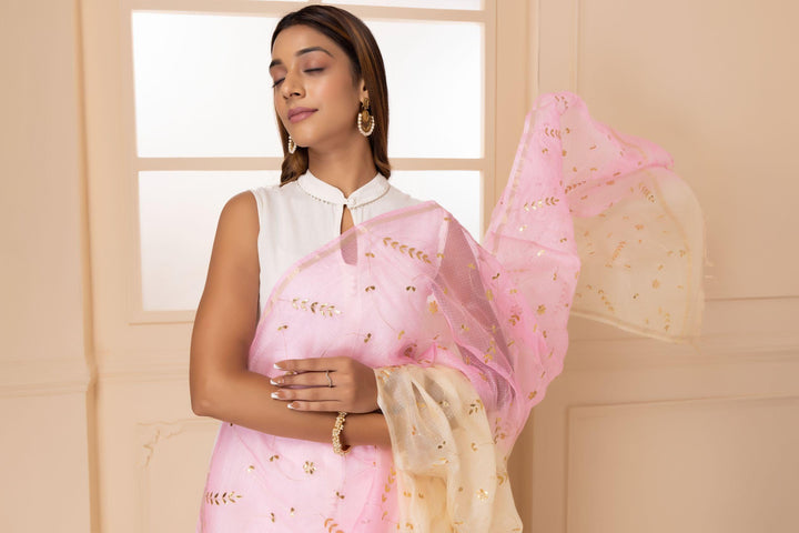 White and Light Pink Handcrafted Gota Patti Pure Kota Silk Dupatta - Geroo Jaipur