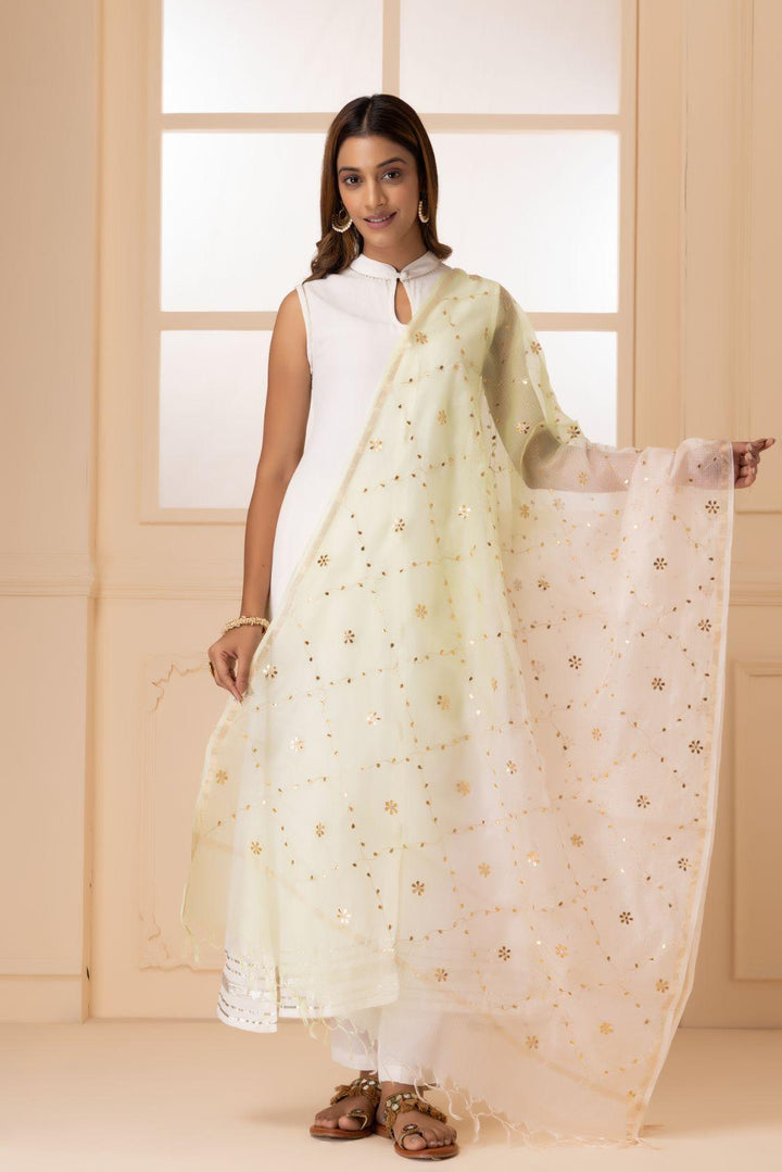 White and Lime Green Handcrafted Gota Patti Pure Kota Silk Dupatta - Geroo Jaipur