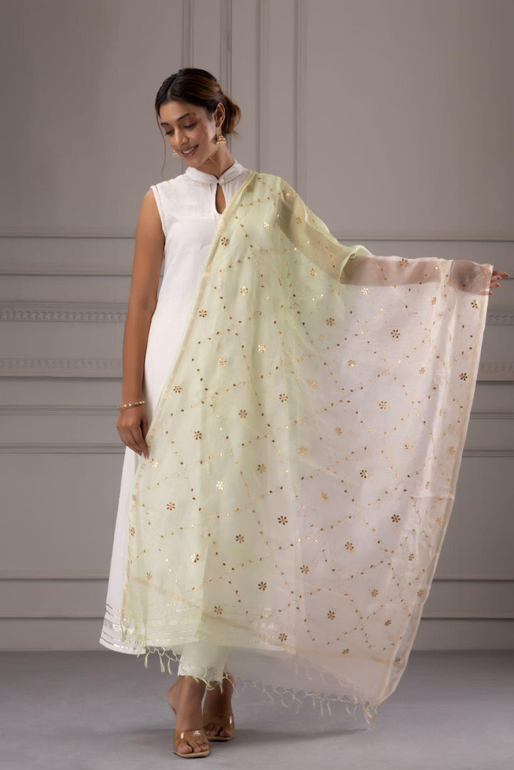 White and Lime Green Handcrafted Gota Patti Pure Kota Silk Dupatta - Geroo Jaipur