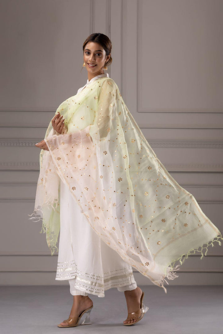 White and Lime Green Handcrafted Gota Patti Pure Kota Silk Dupatta - Geroo Jaipur