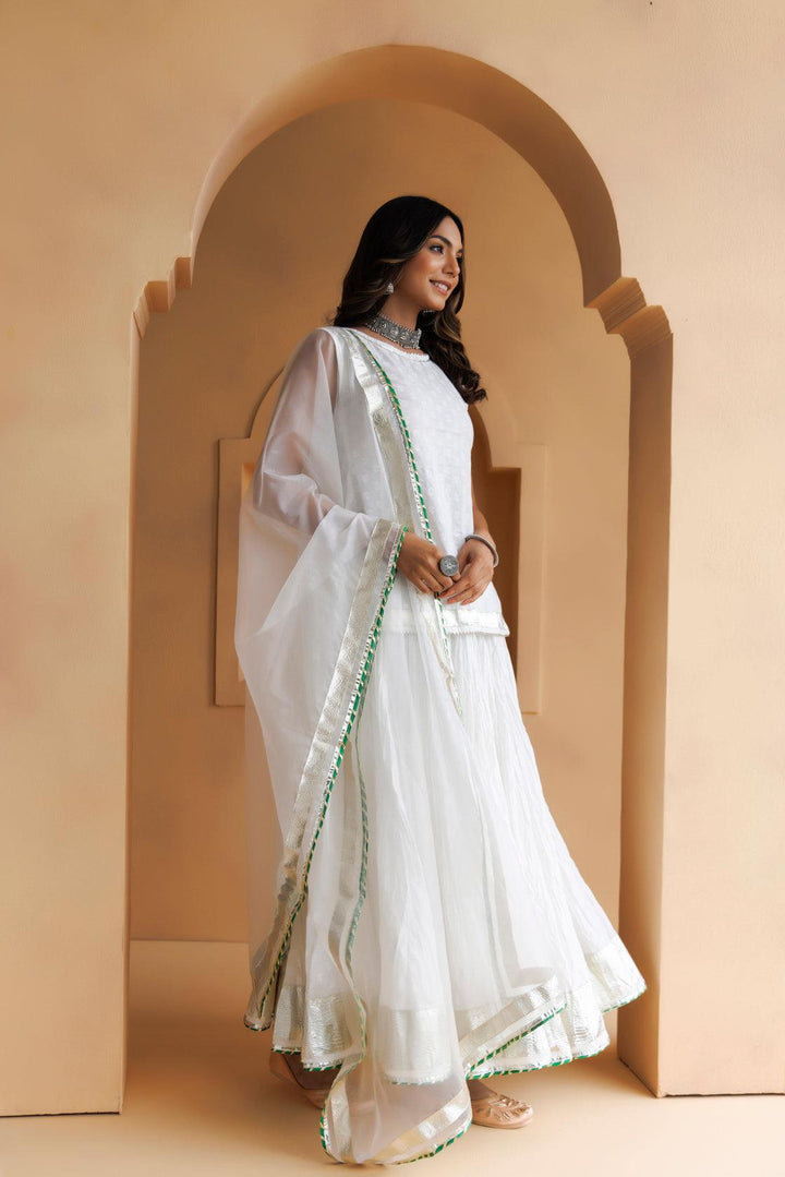 White Cotton Hand Embroidered Skirt Set with Organza Dupatta - Geroo Jaipur