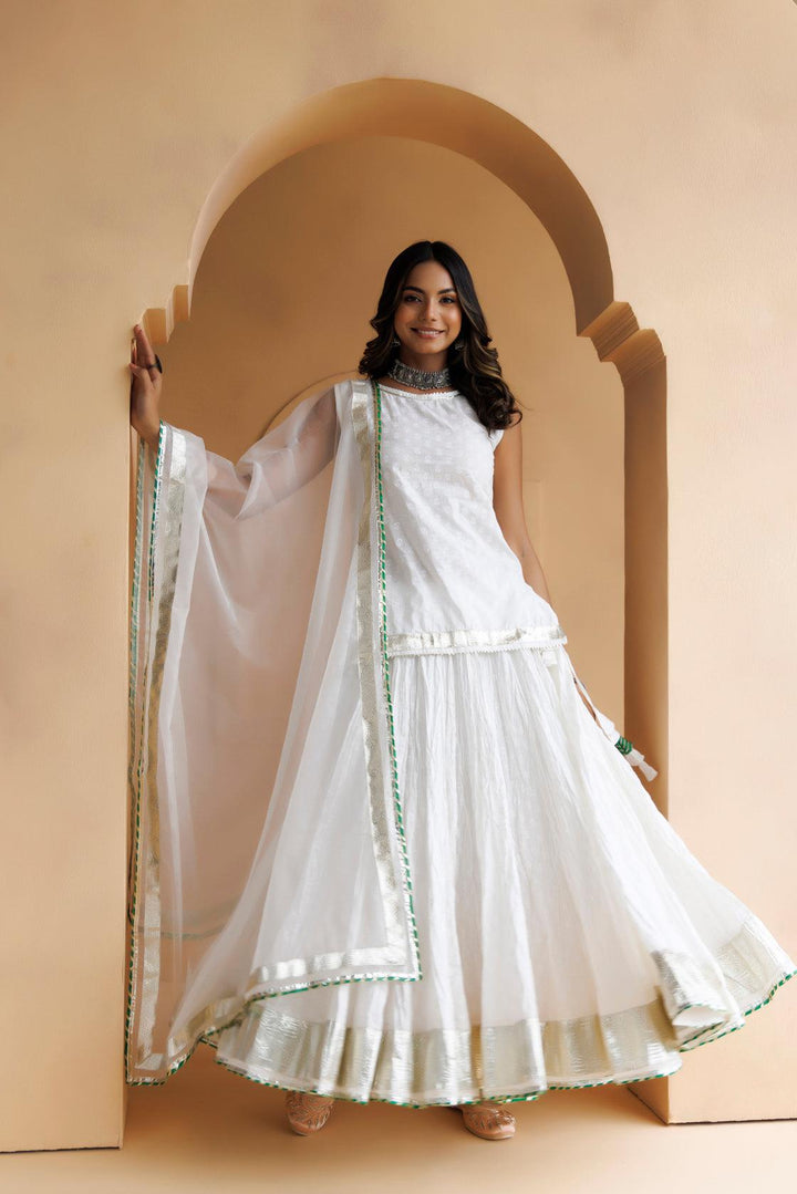 White Cotton Hand Embroidered Skirt Set with Organza Dupatta - Geroo Jaipur