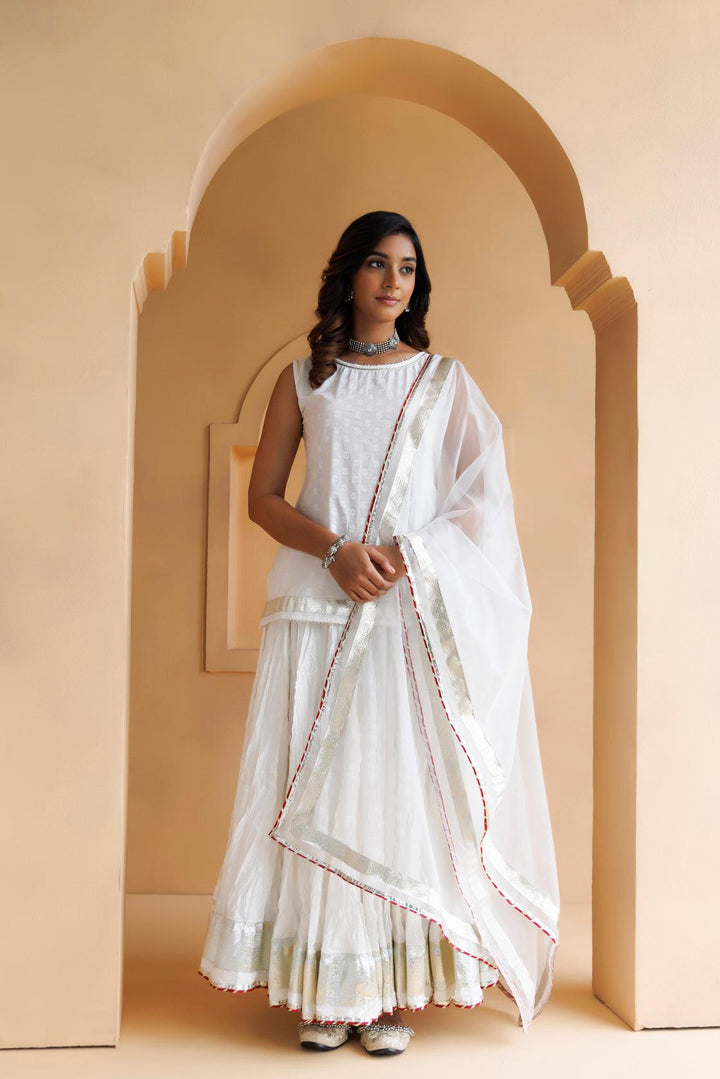 White Cotton Hand Embroidered Skirt Set with Organza Dupatta - Geroo Jaipur