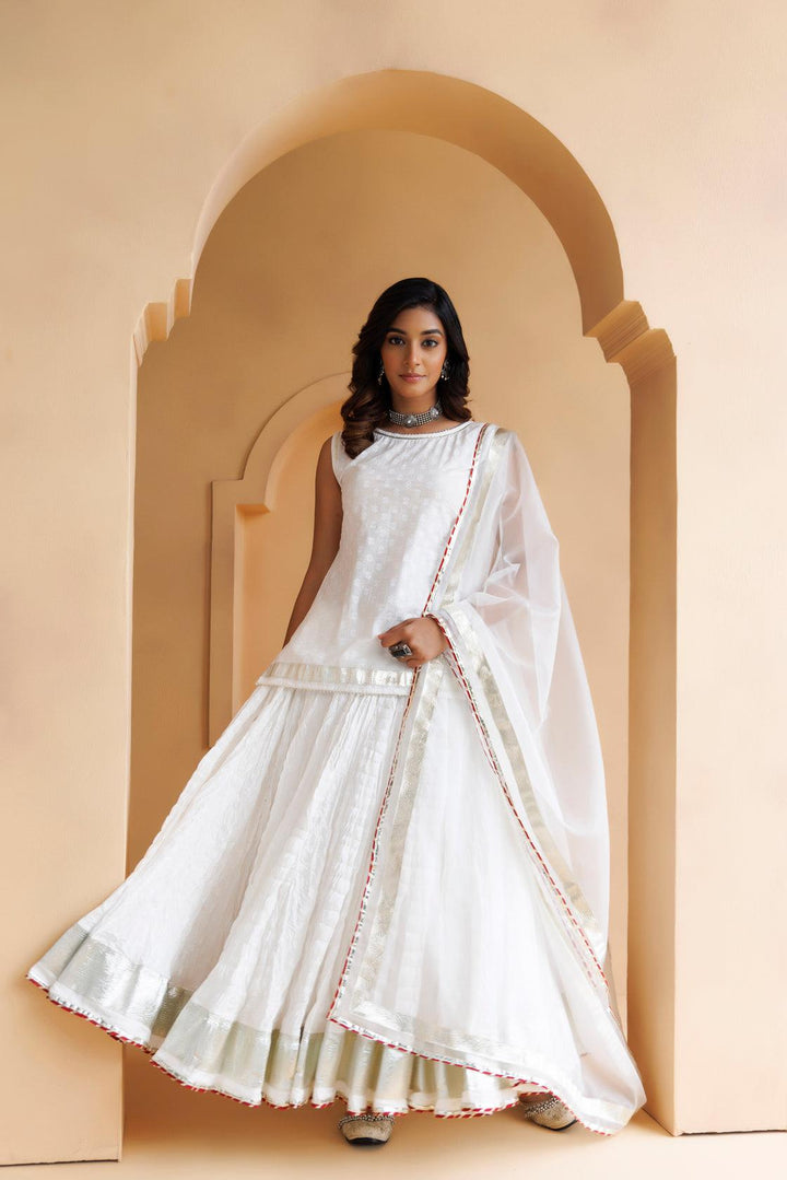 White Cotton Hand Embroidered Skirt Set with Organza Dupatta - Geroo Jaipur