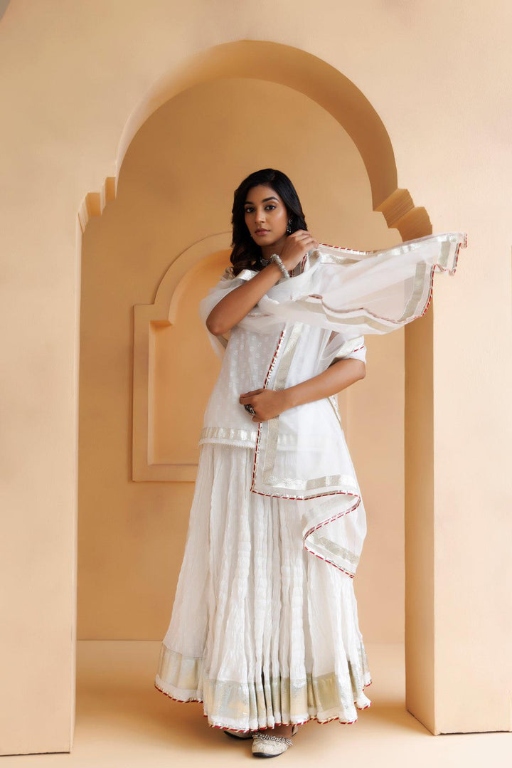 White Cotton Hand Embroidered Skirt Set with Organza Dupatta - Geroo Jaipur