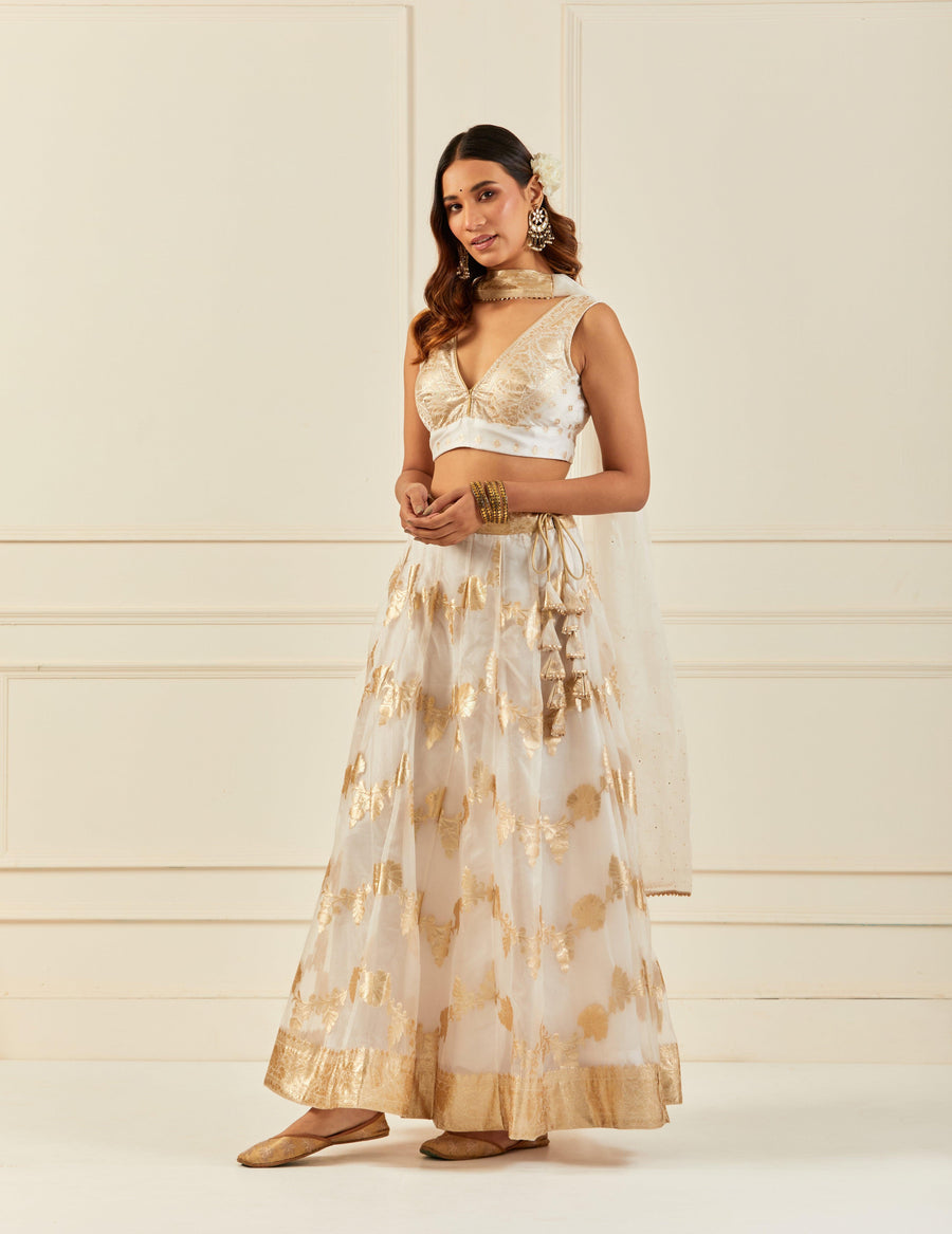 White Organza Banarasi Lehenga Set With Mukaish Dupatta