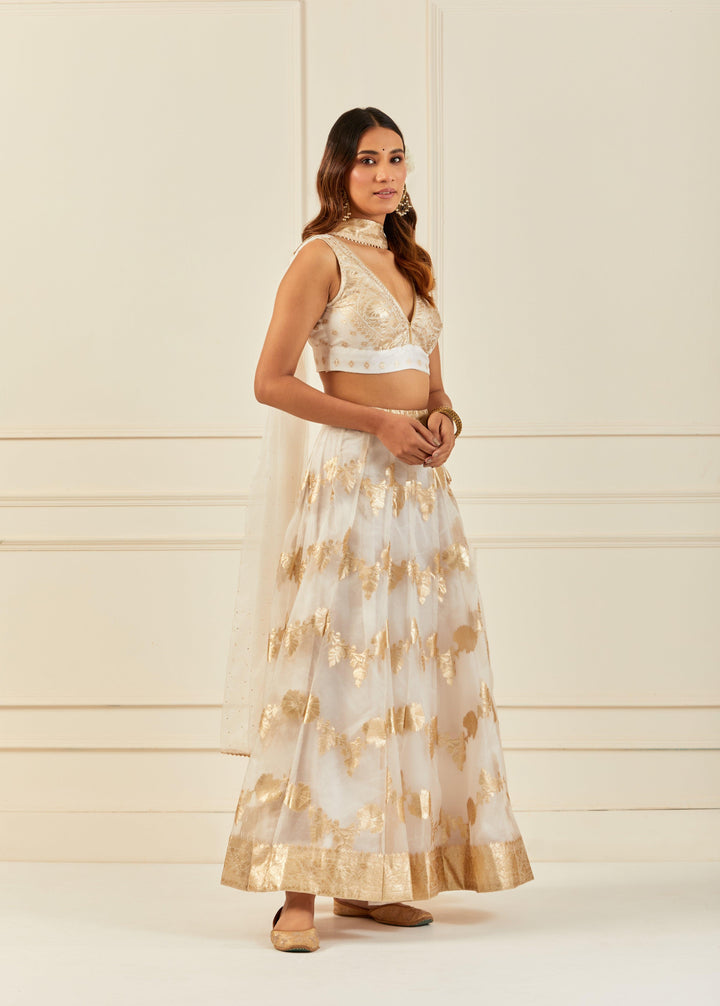 White Organza Banarasi Lehenga Set With Mukaish Dupatta - Geroo Jaipur