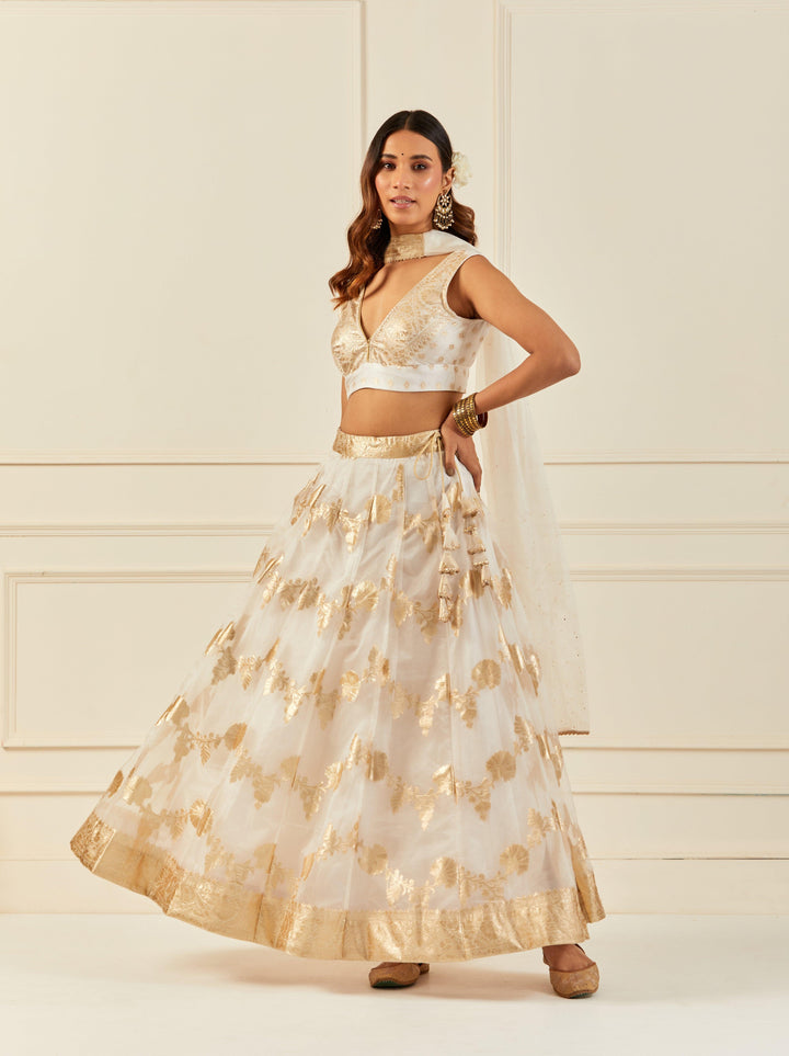 White Organza Banarasi Lehenga Set With Mukaish Dupatta - Geroo Jaipur