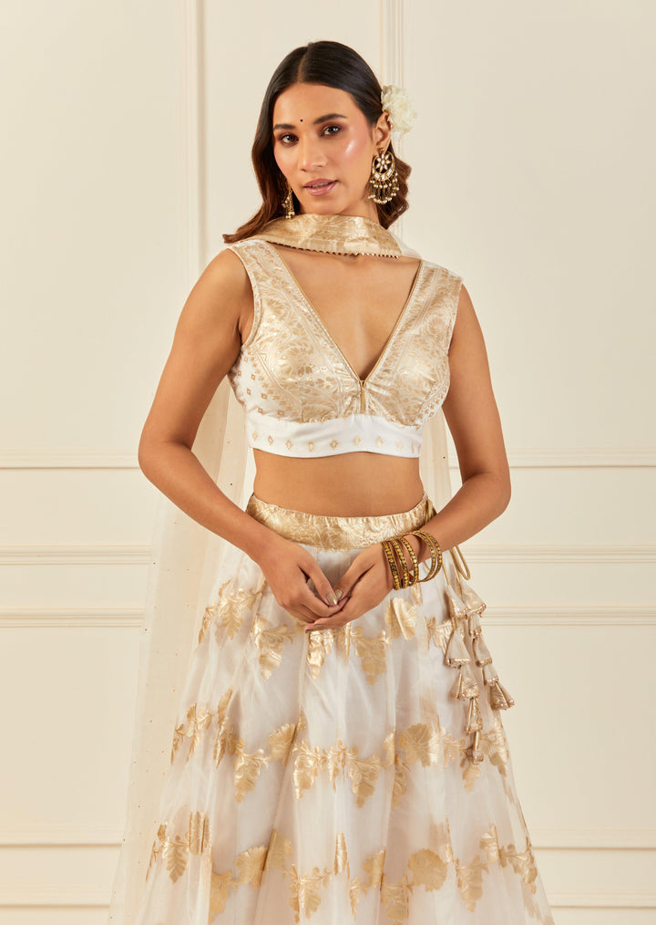 White Organza Banarasi Lehenga Set With Mukaish Dupatta - Geroo Jaipur