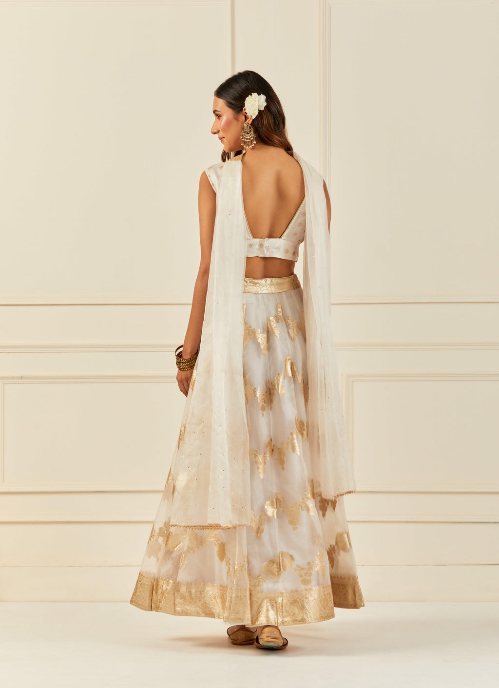 White Organza Banarasi Lehenga Set With Mukaish Dupatta - Geroo Jaipur