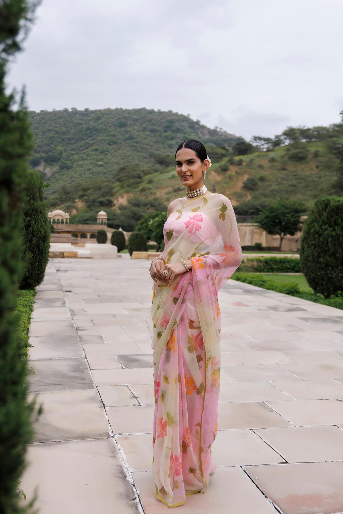 Hand Painted White Chiffon Saree - Suhavni Creations