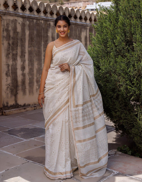 White Pure Chanderi Hand Block Printed Saree - Geroo Jaipur