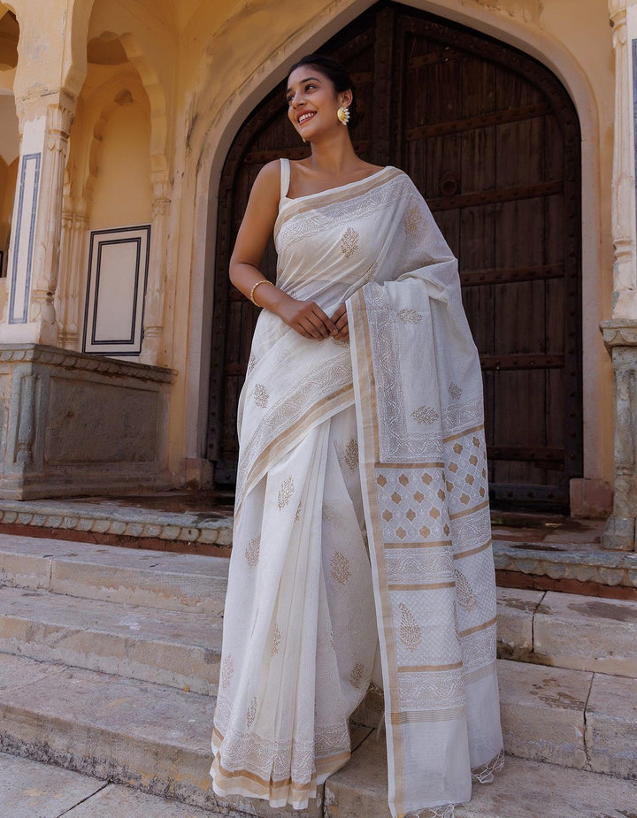 White Pure Chanderi Hand Block Printed Saree - Geroo Jaipur