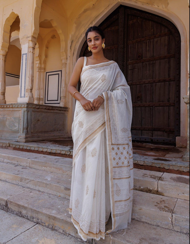 White Pure Chanderi Hand Block Printed Saree - Geroo Jaipur