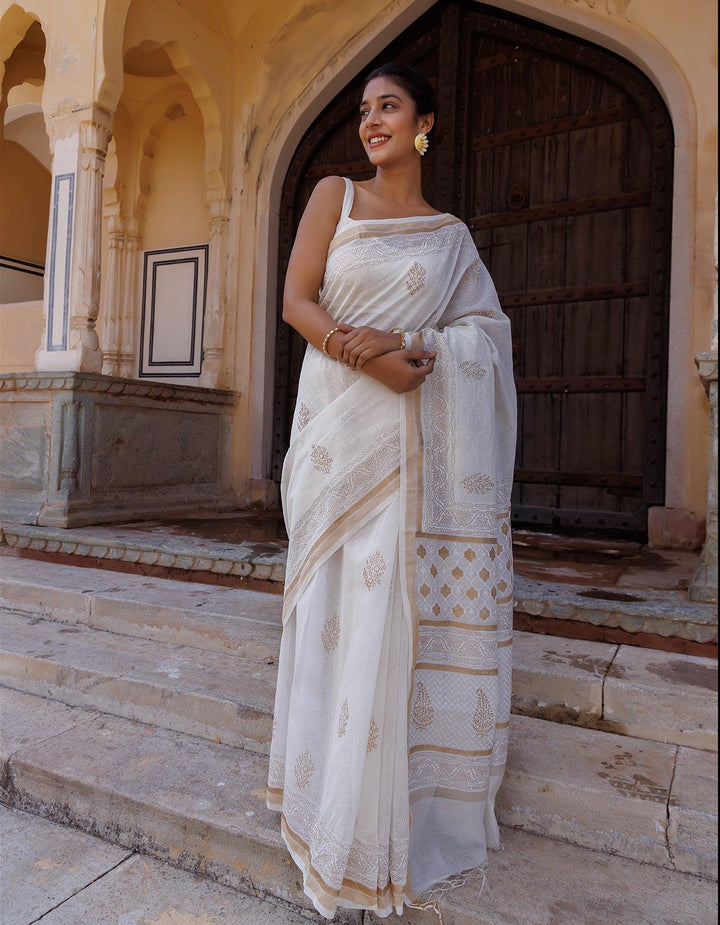 White Pure Chanderi Hand Block Printed Saree - Geroo Jaipur