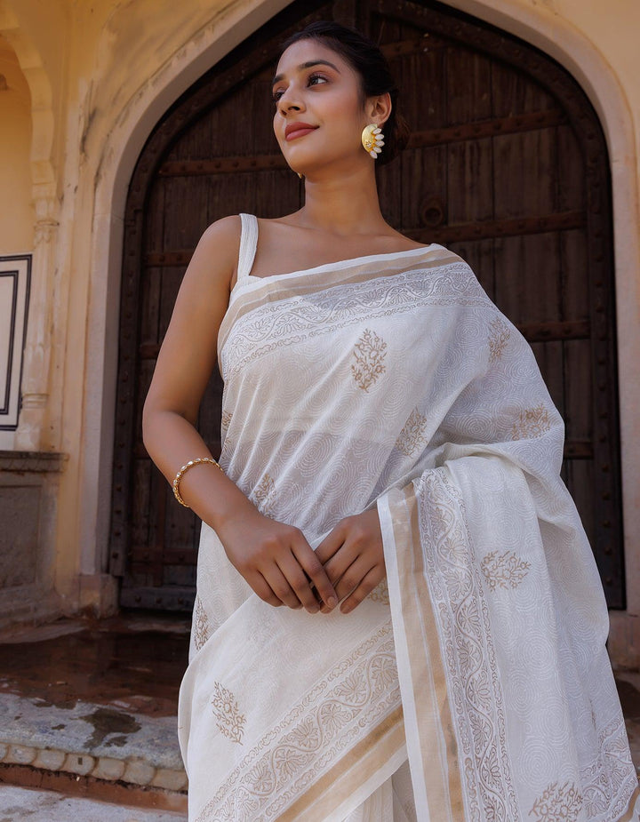 White Pure Chanderi Hand Block Printed Saree - Geroo Jaipur