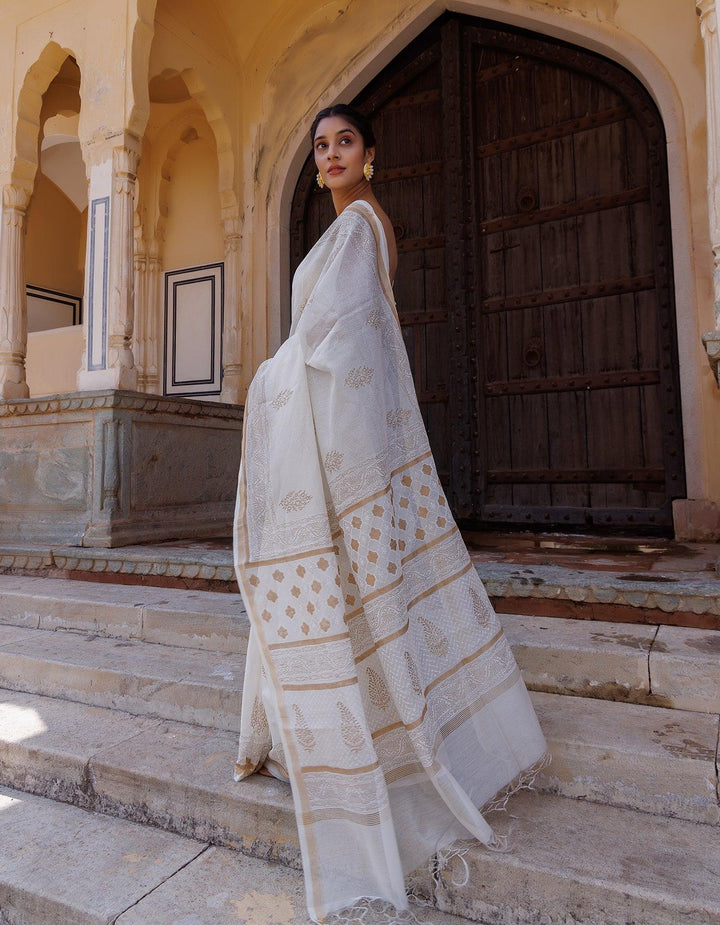 White Pure Chanderi Hand Block Printed Saree - Geroo Jaipur