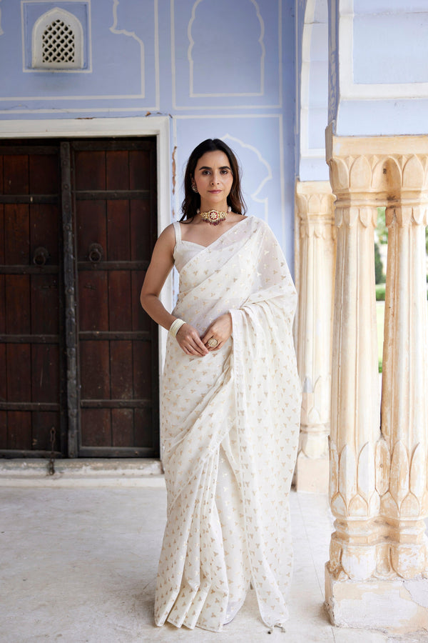 White Pure Chanderi Hand Woven Saree - Geroo Jaipur