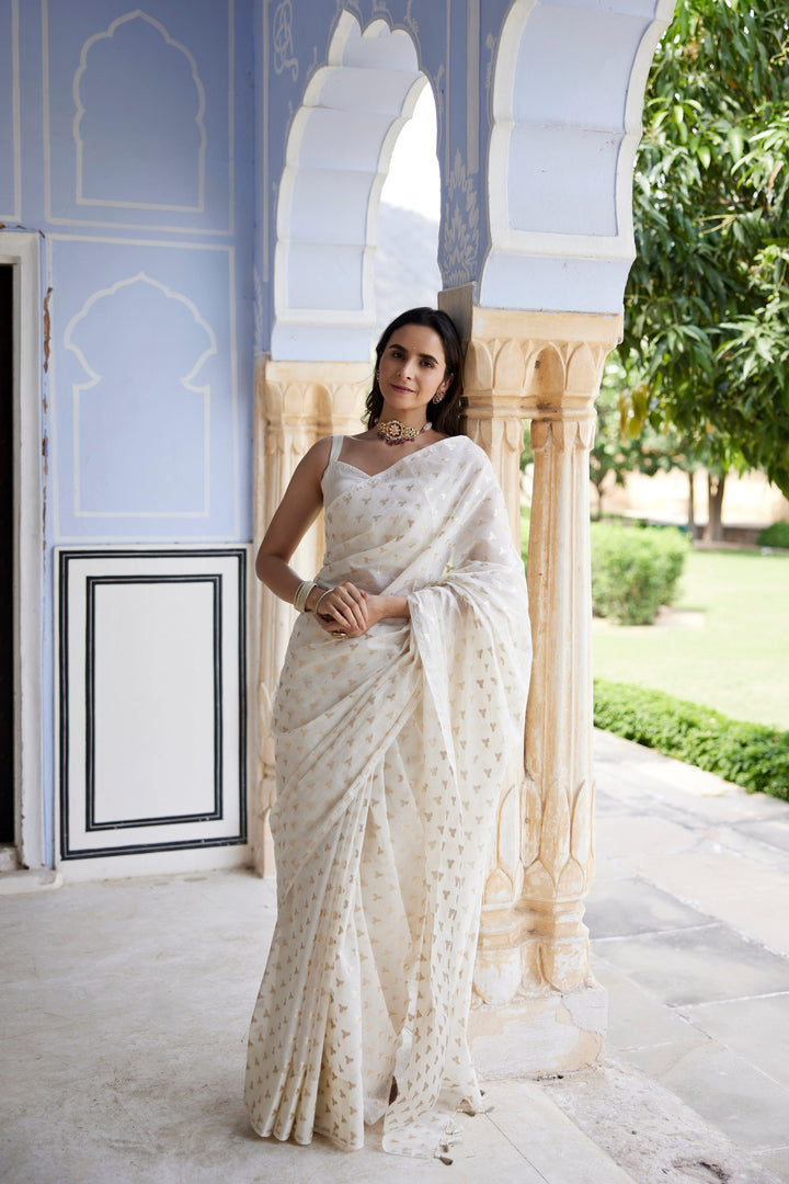 White Pure Chanderi Hand Woven Saree - Geroo Jaipur