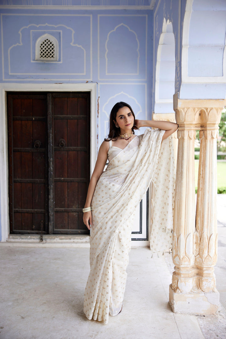 White Pure Chanderi Hand Woven Saree - Geroo Jaipur