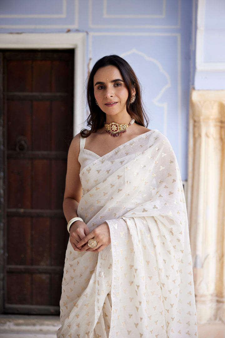 White Pure Chanderi Hand Woven Saree - Geroo Jaipur