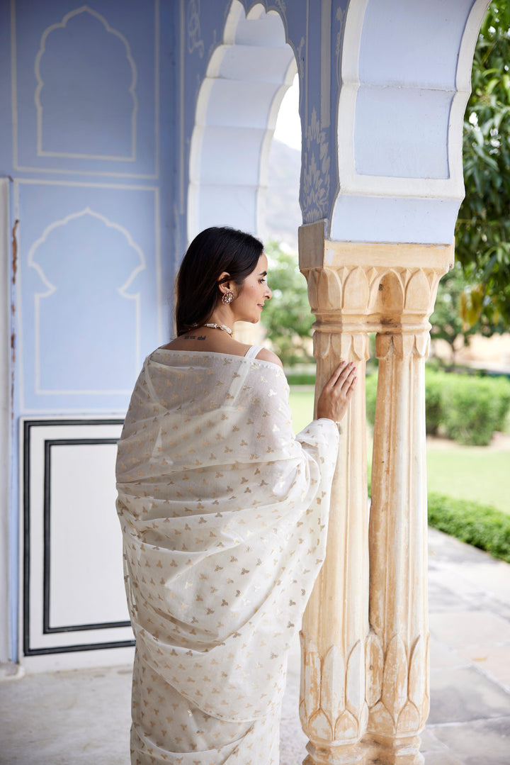 White Pure Chanderi Hand Woven Saree - Geroo Jaipur