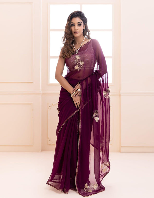 Wine hand embroidered aari work chiffon saree - Geroo Jaipur