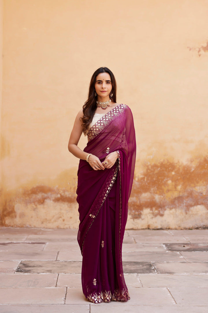 Wine Hand Embroidered Gota Patti Chiffon Saree - Geroo Jaipur