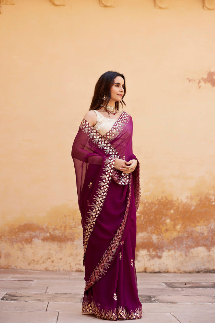 Wine Hand Embroidered Gota Patti Chiffon Saree - Geroo Jaipur