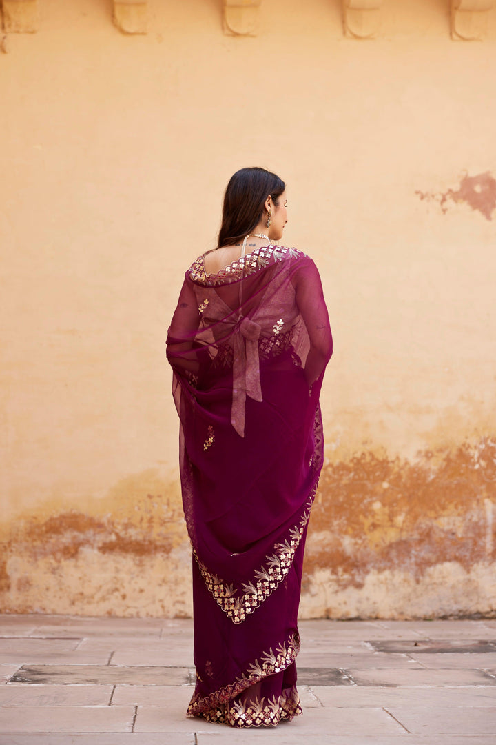 Wine Hand Embroidered Gota Patti Chiffon Saree - Geroo Jaipur