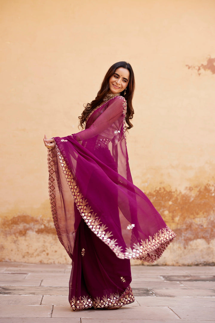 Wine Hand Embroidered Gota Patti Chiffon Saree - Geroo Jaipur