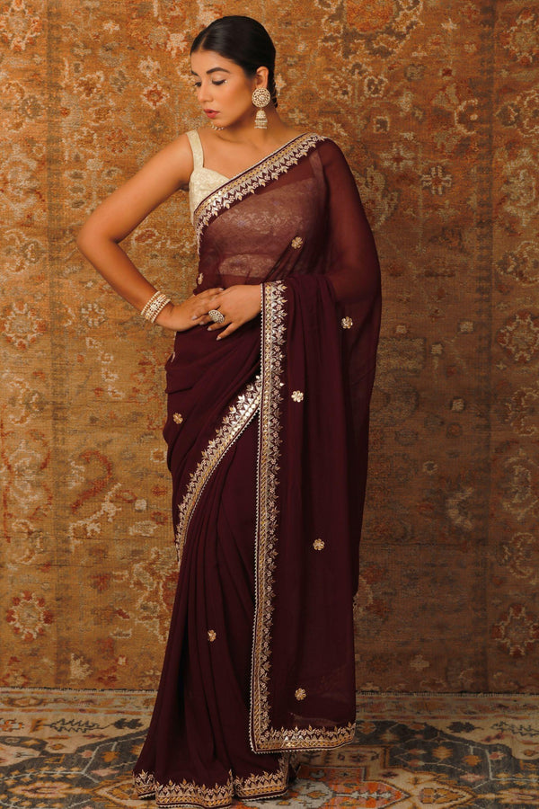 Wine Hand Embroidered Gota Patti Georgette Saree - Geroo Jaipur