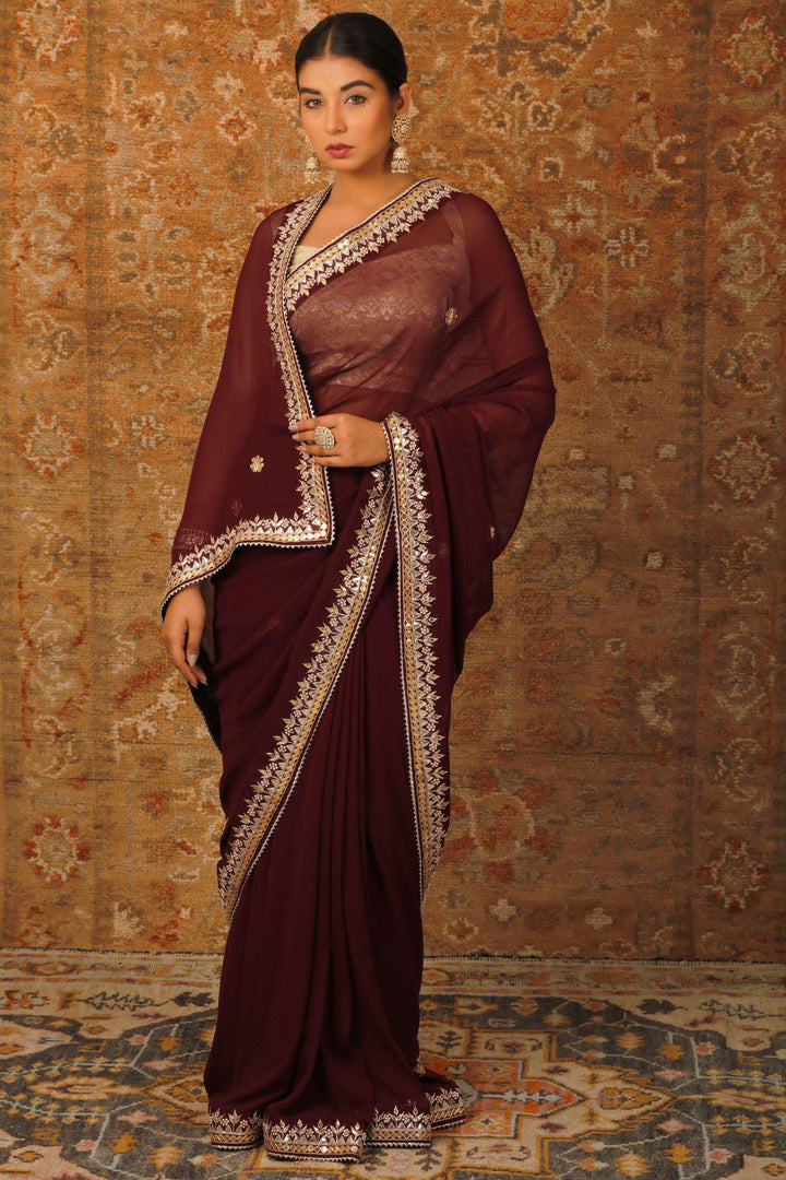 Wine Hand Embroidered Gota Patti Georgette Saree - Geroo Jaipur