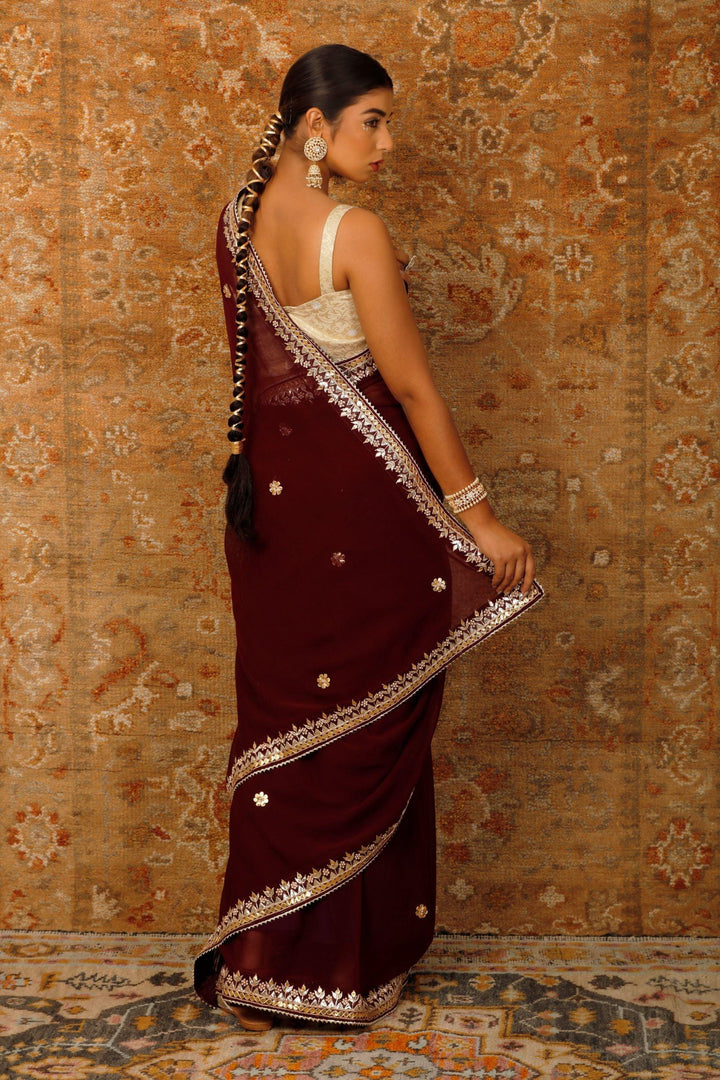 Wine Hand Embroidered Gota Patti Georgette Saree - Geroo Jaipur