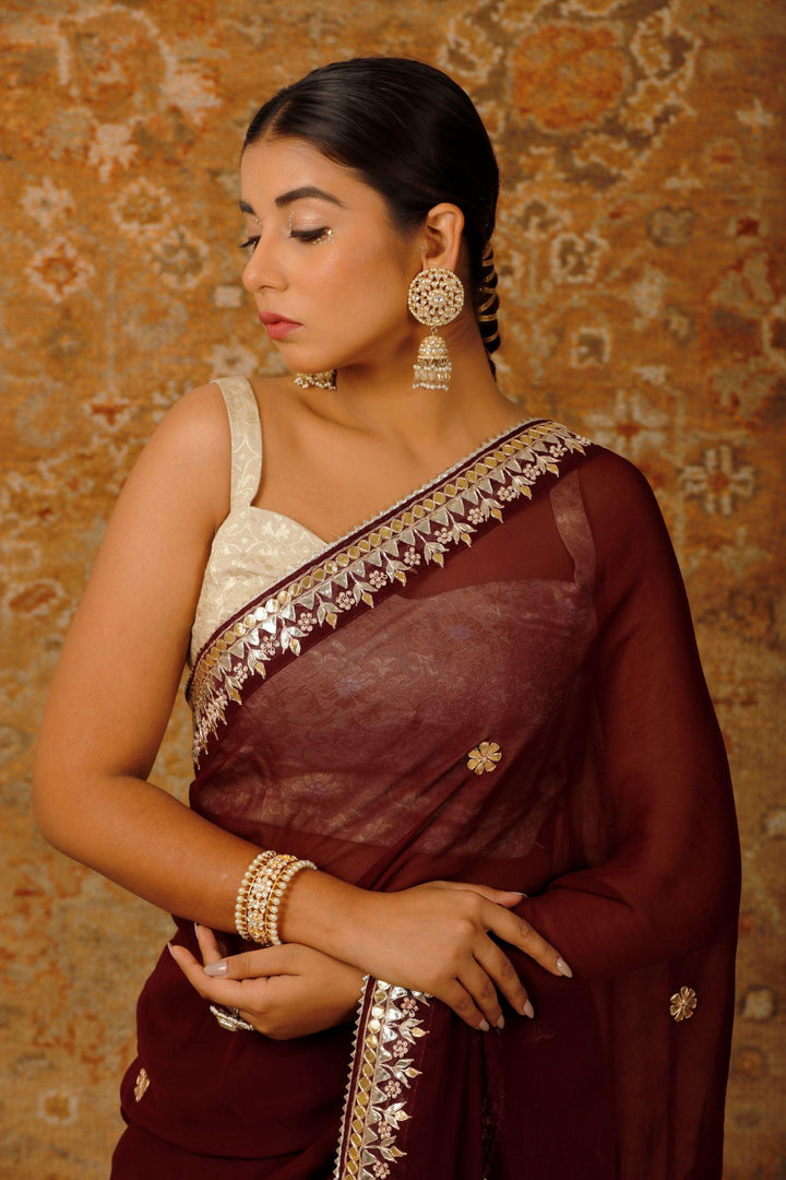 Wine Hand Embroidered Gota Patti Georgette Saree - Geroo Jaipur