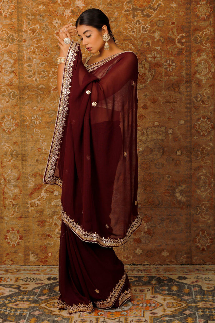 Wine Hand Embroidered Gota Patti Georgette Saree - Geroo Jaipur