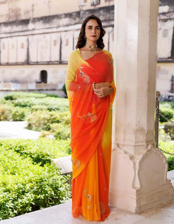 Yellow & orange Hand embroidered shaded Chiffon saree - Geroo Jaipur