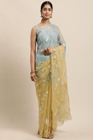 Yellow Grey Shaded Handcrafted Gota Patti Chiffon Saree - Geroo Jaipur