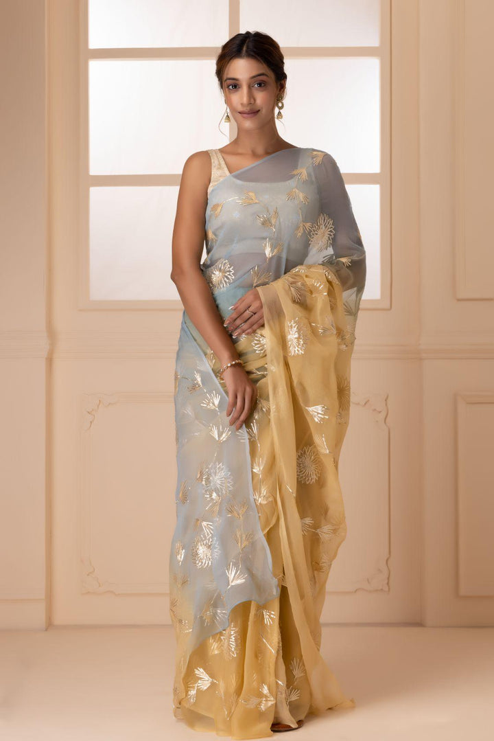 Yellow-Grey Shaded Handcrafted Gota Patti Chiffon Saree - Geroo Jaipur