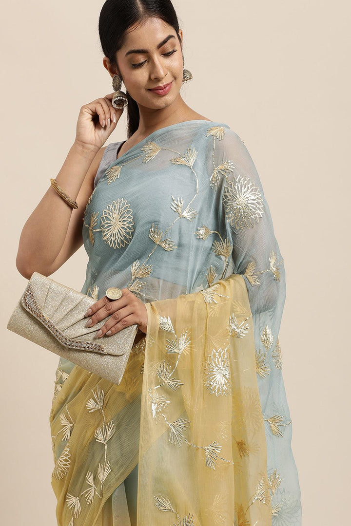 Yellow Grey Shaded Handcrafted Gota Patti Chiffon Saree - Geroo Jaipur