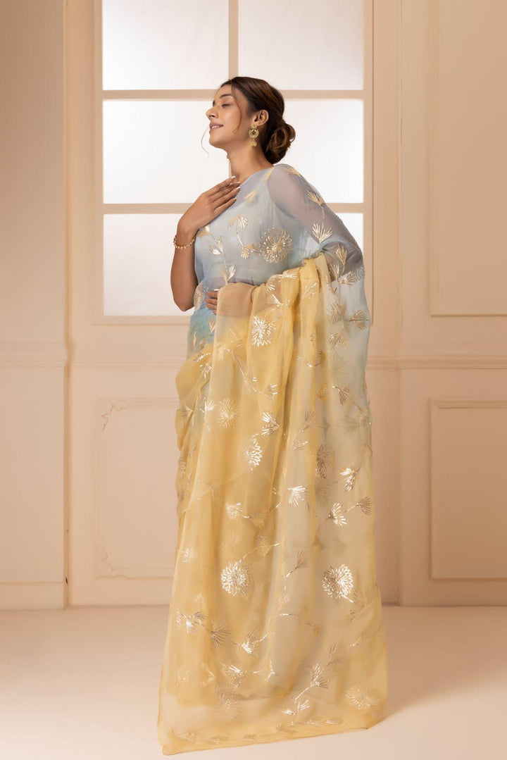 Yellow-Grey Shaded Handcrafted Gota Patti Chiffon Saree - Geroo Jaipur