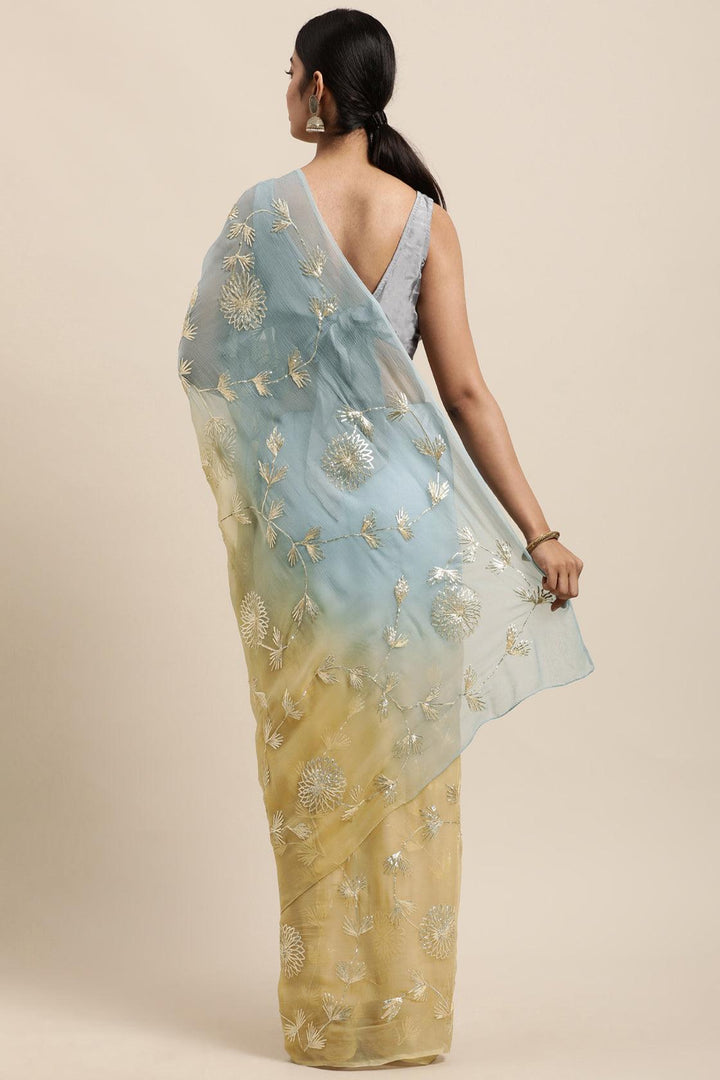 Yellow Grey Shaded Handcrafted Gota Patti Chiffon Saree - Geroo Jaipur