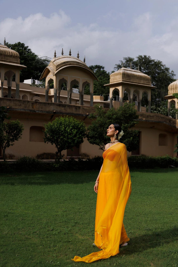 Yellow Hand Dyed Plain Chiffon Saree With Jacquard Blouse - Geroo Jaipur