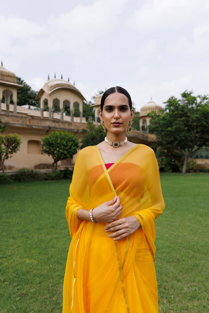 Yellow Hand Dyed Plain Chiffon Saree With Jacquard Blouse - Geroo Jaipur